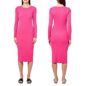 Monrow NWT Vibrant Pink Ribbed Long Sleeve Midi Dress